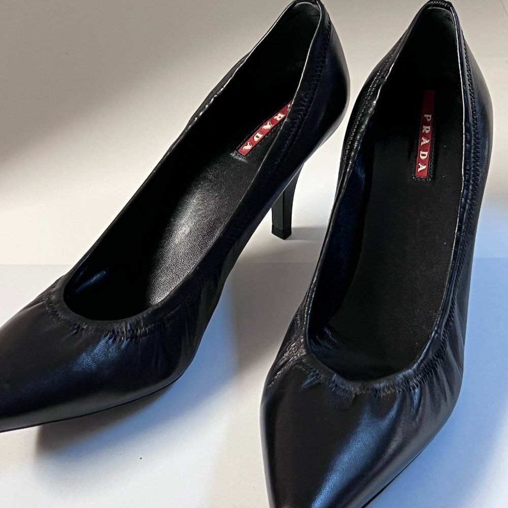 Ladies Black Leather PRADA High Heel Shoe Size 7.5